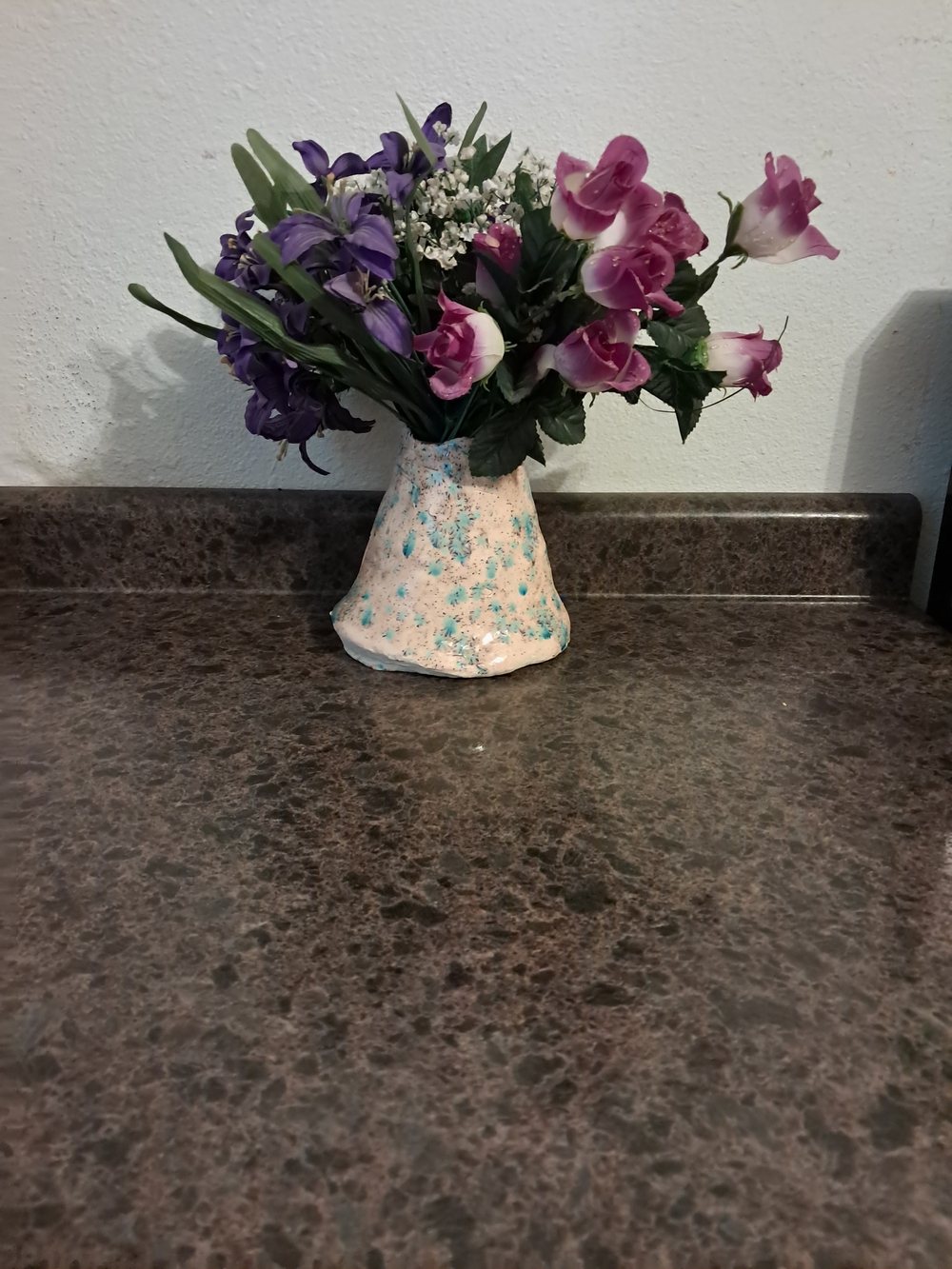 Vintsge Handmade Pink and Teal Speckled Ceramic Vase with Faux Purple Flowers